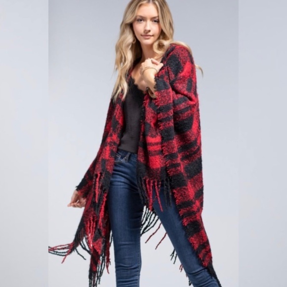 Oh So Soft Plaid Cardigan Poncho Ruana Hoodie With Fringe